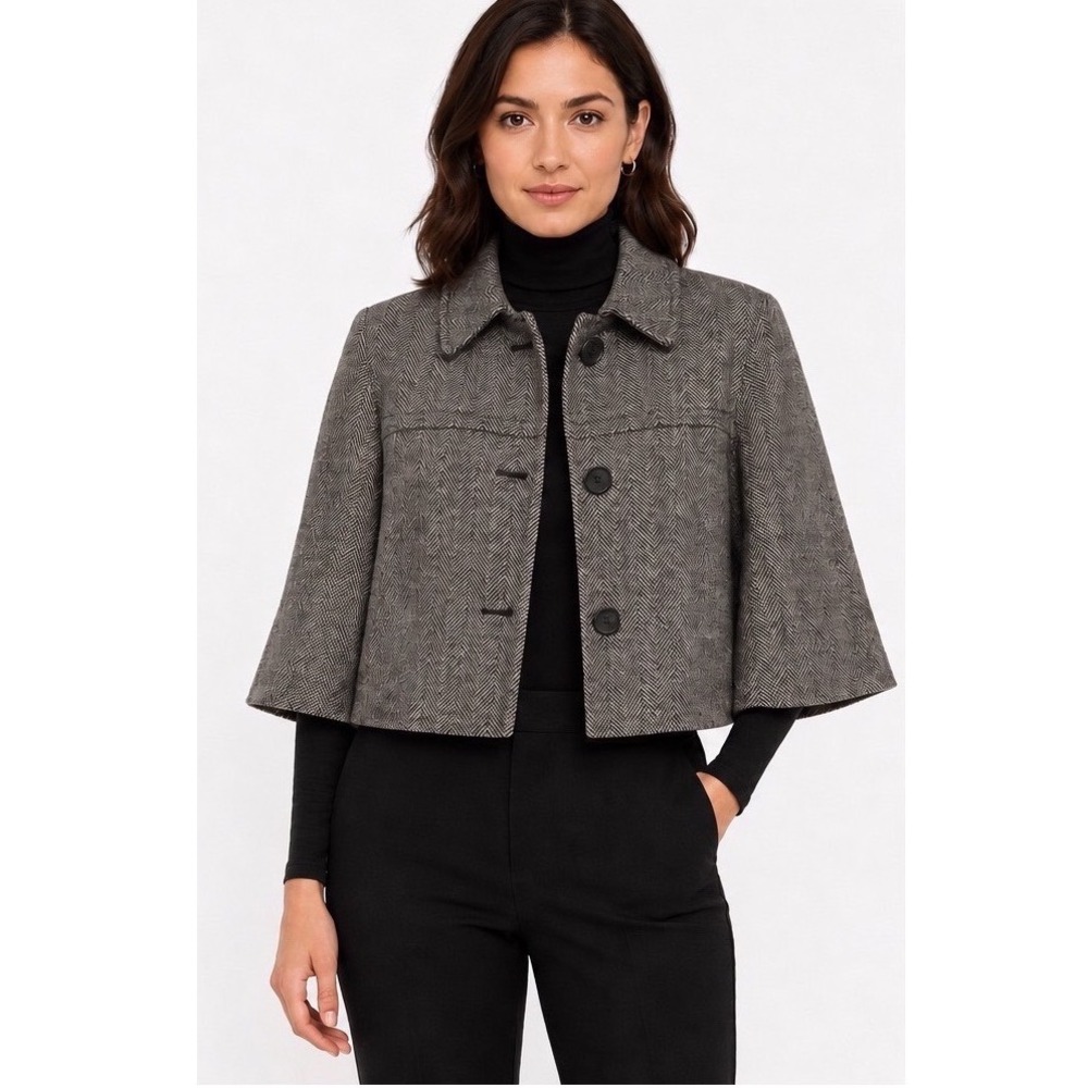 Gap Herringbone Wool Blend Cropped Jacket Brown Bell Sleeve L Vintage 113-18